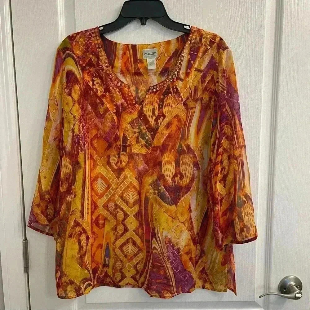 Sheer Multi Colored V-Neck Blouse by Chico’s